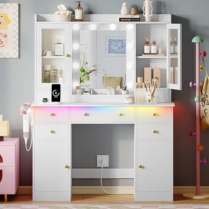 Makeup Vanity Desk with Mirror and Lights, White Vanity Table Set with Storage Drawers, Charging Station & Cabinets, Large Dressing Table with RGB Ambient Light for Women Girls Bedroom Bathroom
