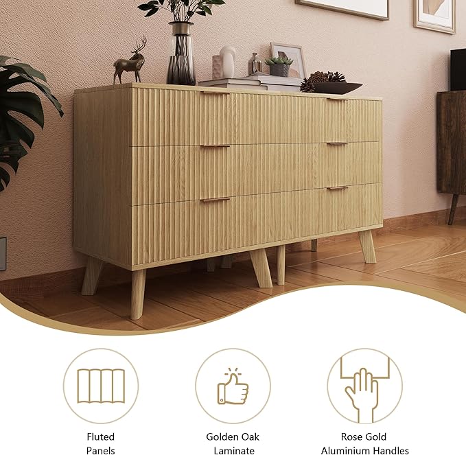 Fluted 3 Drawer Dressers, Modern Closet Dressers Chest of Drawers, Wood Storage Dresser Chest of Drawers Organizer for Bedroom Living Room Hallway Closet,Natural, 2 Sets