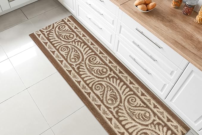Custom Length Cut to Size Tribal Ethnic Southwestern Inspired Hallway Runner Rug, Non Slip Rubber Backed, 31 inch Wide X Customized Length, Mayan Brown, 31 inch X 13 feet