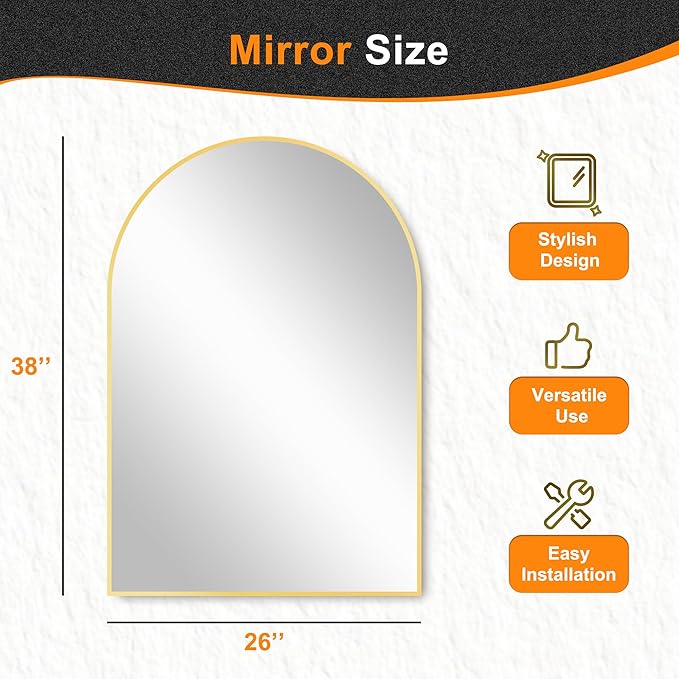 Delma Arched Bathroom Mirror, 26"x38" Wall Mounted Vanity Mirror for Bedroom, Living Room and Entryway, Gold