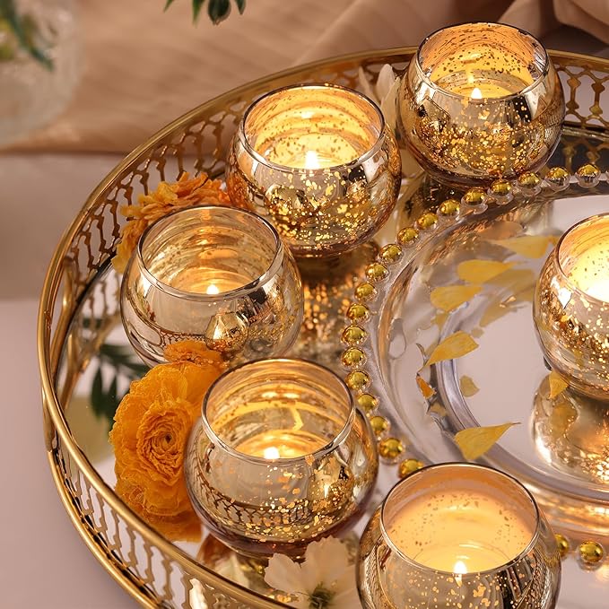 LAMORGIFT 12 Pcs Gold Votive Candle Holders -Gold Mercury Glass Candle Holders, Diwali Decorations for Home, Wedding Centerpieces for Tables, Christmas Tea Light Holders