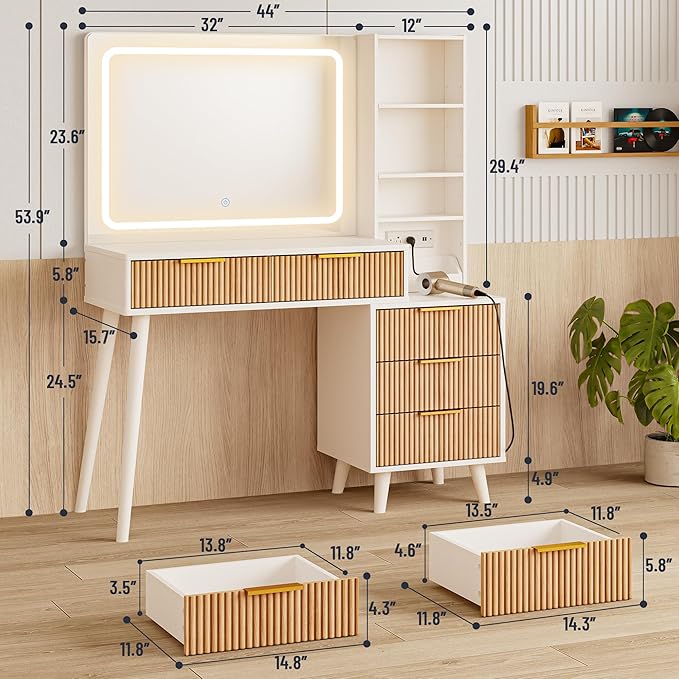 Makeup Vanity Desk with Mirror and Lights, Makeup Vanity with 5 Drawers&Storage Shelves, Vanity Table with Power Outlet, 3 Color Adjustable Lighting Dressing Table Set for Bedroom Oak