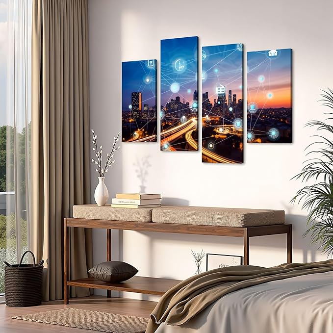 Canvas Wall Art Prints Pictures smart city wireless communication network Framed Posters Modern Wall Painting Artwork Gift Home Decor for Living Room Ready to Hang 4 Panel