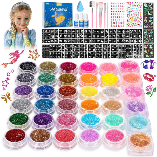 Bledras Temporary Glitter Tattoo Kids, 36 Colors Arts Glitter Make Up Kit, 6 Colors Glow in The Dark Glitter Gel, Skin-Friendly Body Art Set for Birthday, Christmas Party Gifts for Girls & Boys