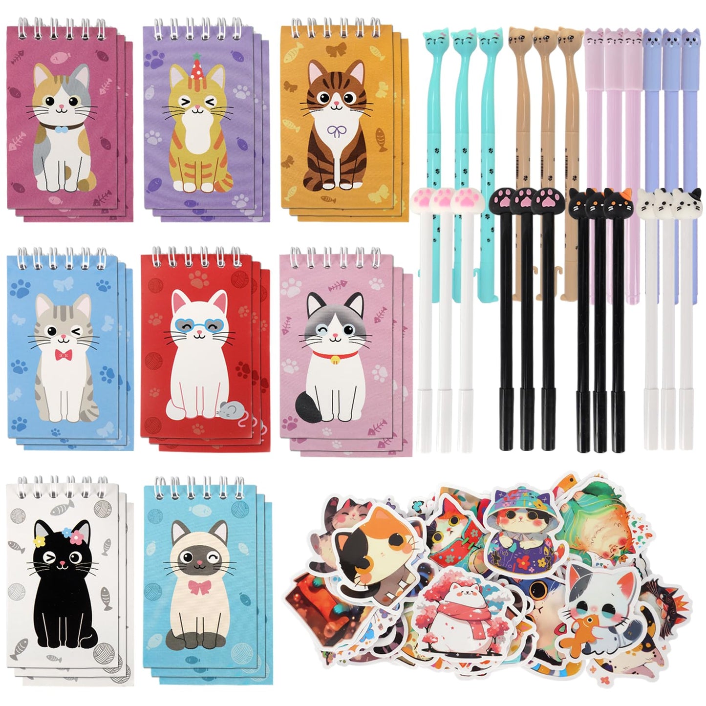 UJSGGA 148 Pcs Cat Animal Party Favors Bulk Cat Mini Spiral Notepads Cat Pens Stickers Set for PET Birthday Party Classroom School Reward Gift Prizes Goodie Bags Stuffers