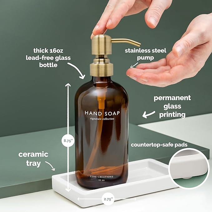 Vine Creations Amber Glass Soap Dispenser Set, Kitchen Soap Dispenser Set with Ceramic Tray, 16 oz Dish Soap and Hand Soap Dispensers with Stainless Steel Pump Decor (Amber Bottle/Brushed Brass)
