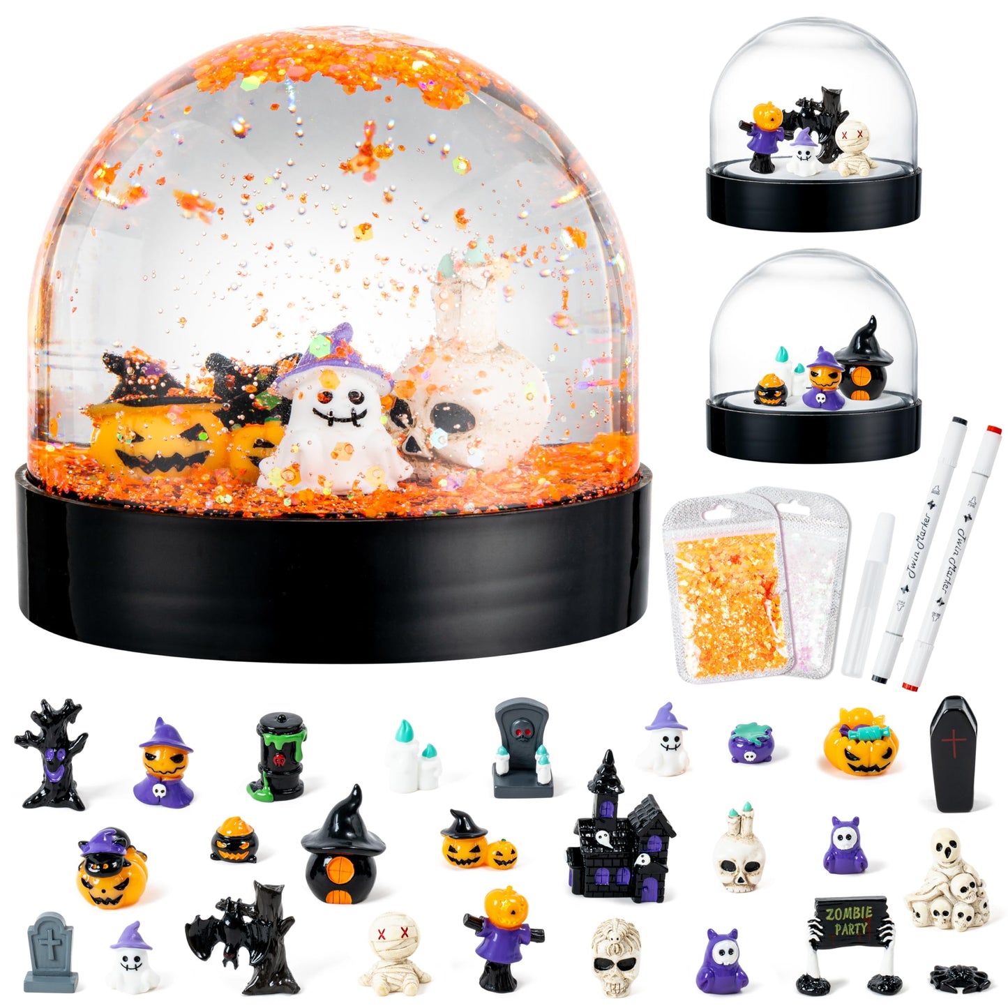 HoniedPepperino Halloween Snow Globe Craft Kit, 44Pcs DIY Pumpkin Water Globes Making Kits with Accessories, Make Your Own Halloween Cross Snow Globes Grave Ghost Party Favor Decor for Kids Boys Girls