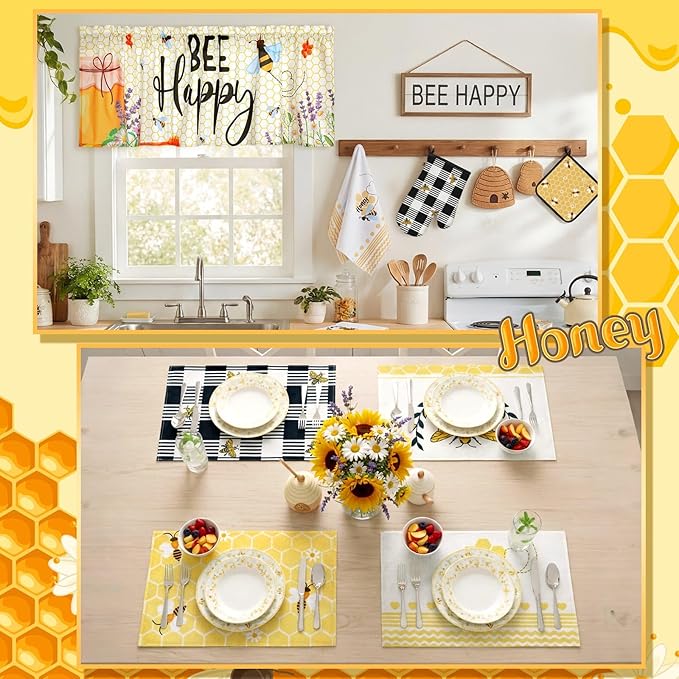 16 Pcs Honey Bee Kitchen Decor and Accessories Set 4 Yellow Kitchen Towel 4 Bee Placemat 2 Non Slip Rug and Mat Set for Floor 2 Oven Mitt Glove 2 Pot Holder 2 Curtain for Home Decor Mom Cooking Gift