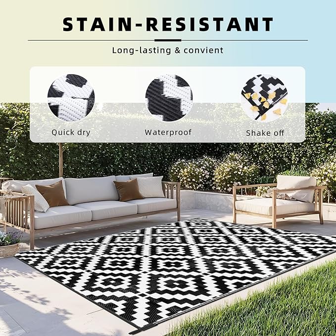 Favoyard Outdoor Rug 6x9 ft Waterproof Reversible Patio Plastic Straw Rugs for Decor Clearance Outside Large RV Camping Area Carpet Mat for Porch Deck Balcony Pool Backyard Picnic Beach Camper Door