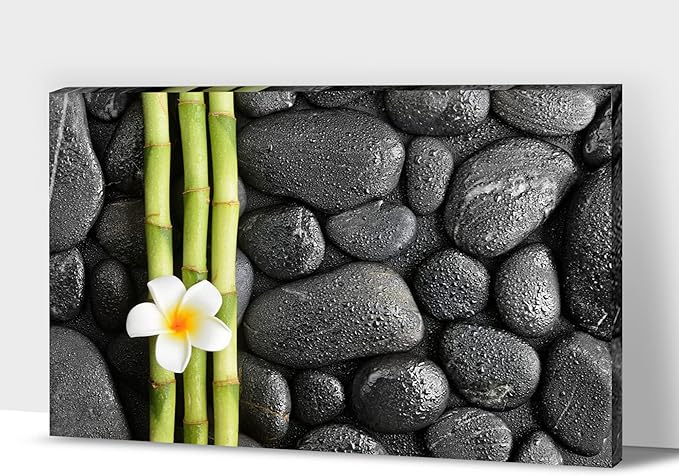 Zen Wall Art Decor, Modern Bathroom Zen Decor Wall Art, Canvas Wall Art for Spa Zen Room Decor, Green Bamboo Forest and Black Pebble Relaxing Art Prints for Office & Spa Wall Decor 32x48 Inches