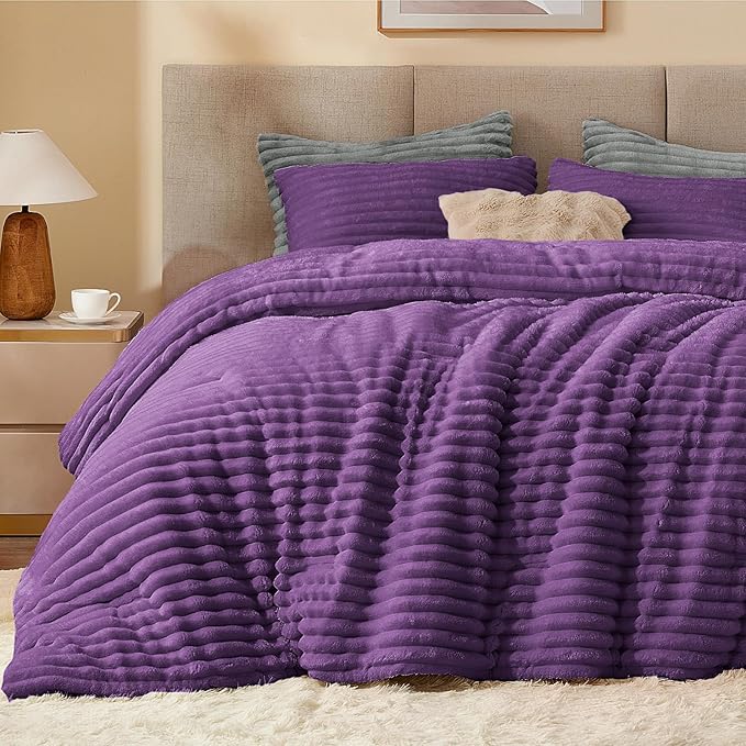 BEDELITE Fleece King Comforter Set -Super Soft & Warm Fluffy Purple Bedding, Luxury Fuzzy Heavy Bed Set for Winter with 2 Pillow Cases