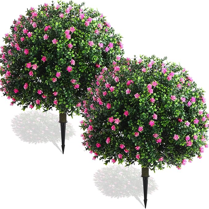 Yunlly Set of 2 Artificial Boxwood Topiary Ball Tree Fake Bushes Shrubs Outdoor Faux Plant with Ground Spike Flowers UV Resistance Greenery for Front Porch Garden Patio Indoor(Pink,27x18inch)