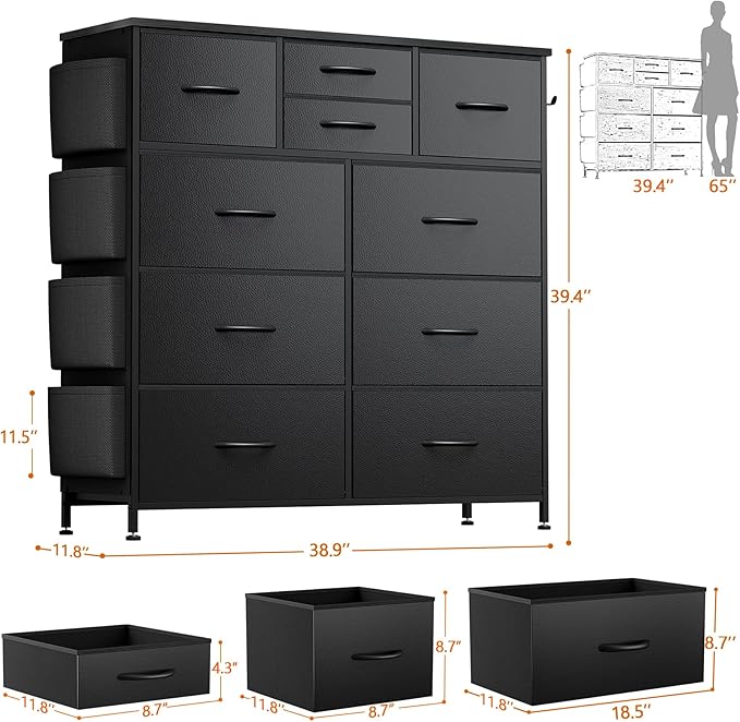 10 Drawer Dresser, Chest of Drawers for Bedroom, PU Dresser with Side Pockets, Hooks, Wooden Top and Sturdy Metal Frame for Living Room, Closet, Hallway (Black)
