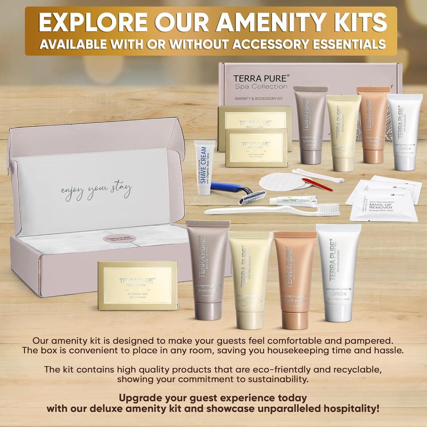 Terra Pure Spa Collection Amenity Kit | Hotel Toiletries | Bulk Set 0.85 oz Travel Size Shampoo,Conditioner, Lotion, Body Wash & Massage Bar for Guest Hospitality AirBnB/Vacation Rentals |1 set/ case