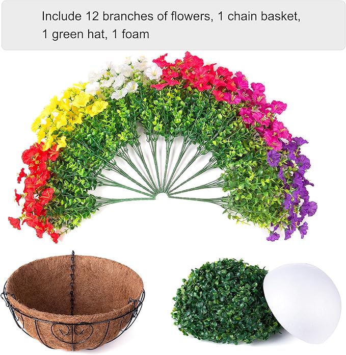 Artificial Fake Hanging Flowers Baskets for Outdoors, Faux Plants Silk Morning Glory in Planter Look Real UV Resistant Outdoor Flower for Outside Porch Patio Balcony Garden Yard Home Decor