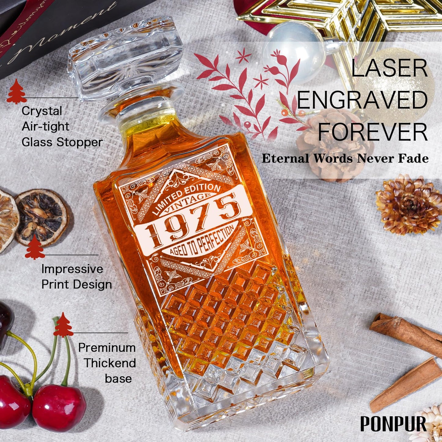 PONPUR 50th Birthday Gifts For Men Dad, 1975 Laser Whiskey Decanter Set with Gift Box, Anniversary Birthday Gift Ideas for Him Husband, 50 Years Bday Decorations, Whiskey Glasses & Whisky Stones Inc.