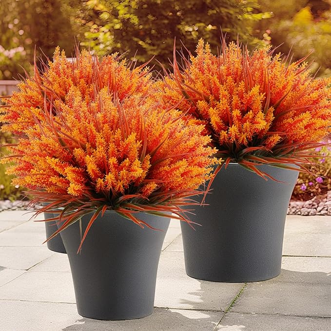 Geegoods 24 Bundles Artificial Fall Flowers Outdoor – Faux Lavender Flowers with Monkey Grass UV Resistant Plastic Faux Plants for Garden Porch Patio Home Decor, Autumn-Orange Color