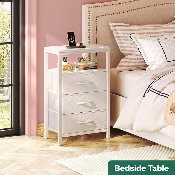 Huuger Nightstands Set of 2, 27.6 Inch End Tables with Charging Station, Bedside Tables with Drawers, PU Leather Finish, USB Port and Outlet, Night Stands for Bedroom, White