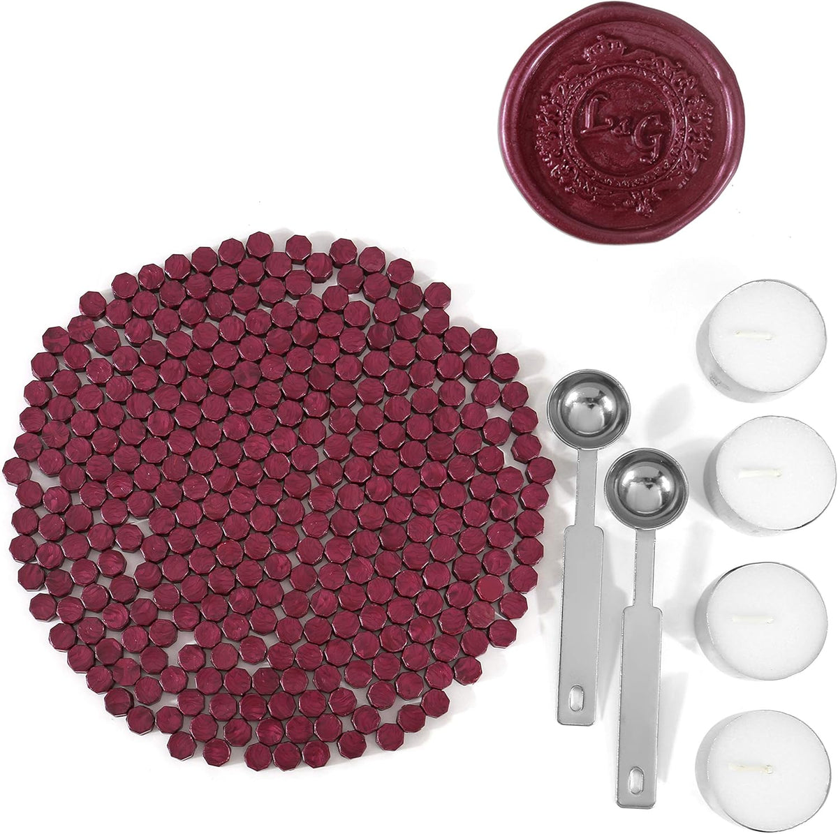 Red Sealing Wax Beads, Yoption 300 Pieces Octagon Wax Seal Beads Kit with 2 Melting Spoon and 4 Candles for Seal Stamp (Sauce red)