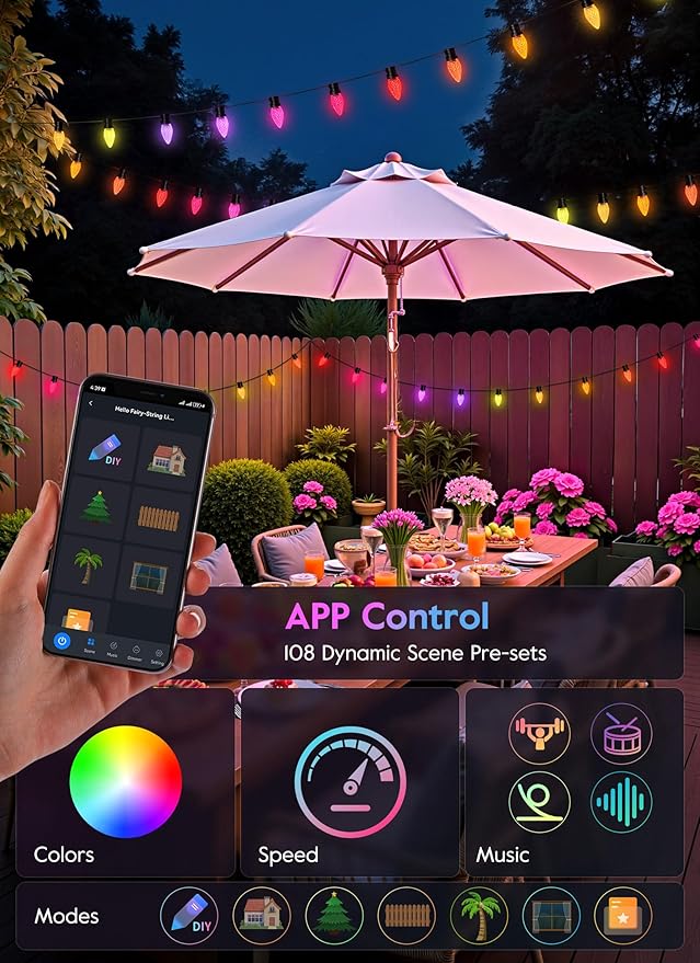 Brightown Smart C9 Christmas Lights Outdoor, 100 LED RGB C9 String Light with Remote, App Control, Music Sync, Connectable Waterproof Christmas Lights for House Tree Patio Holiday Xmas Decor