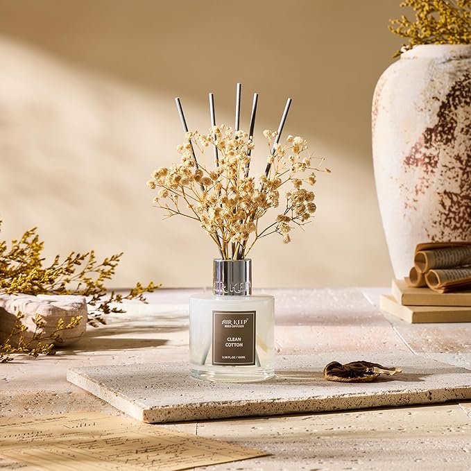 Airkeep Reed Diffuser Set,3.38 fl oz (100 ml) - Clean Cotton Oil Diffusers with 8 Reed Sticks, Home Fragrance Reed Diffuser for Bathroom Shelf Decor