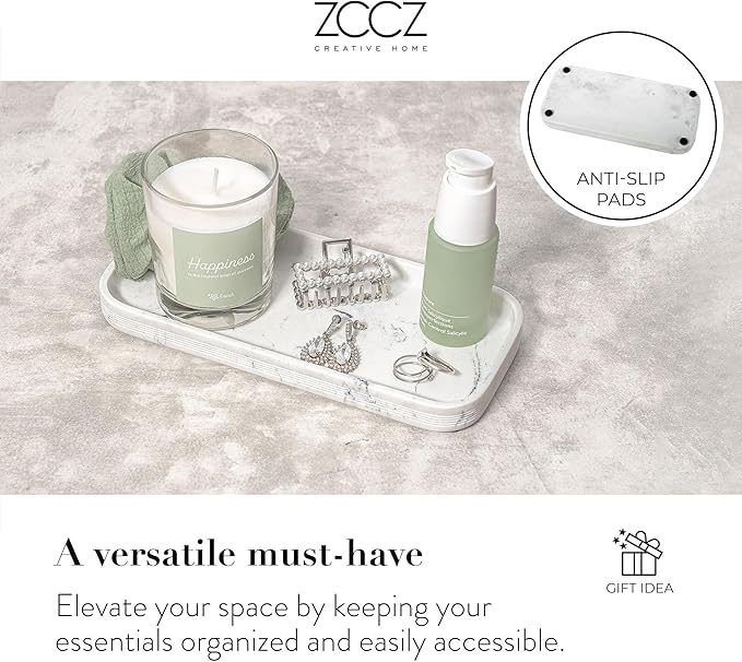 ZCCZ White Marble Bathroom Accessories Set 6 Pieces - Toothbrush Holder, Lotion Dispenser, Qtip Container, Vanity Tray, Tumbler - Countertop Organizer for Bathrooms - Elegant and Functional Décor Set