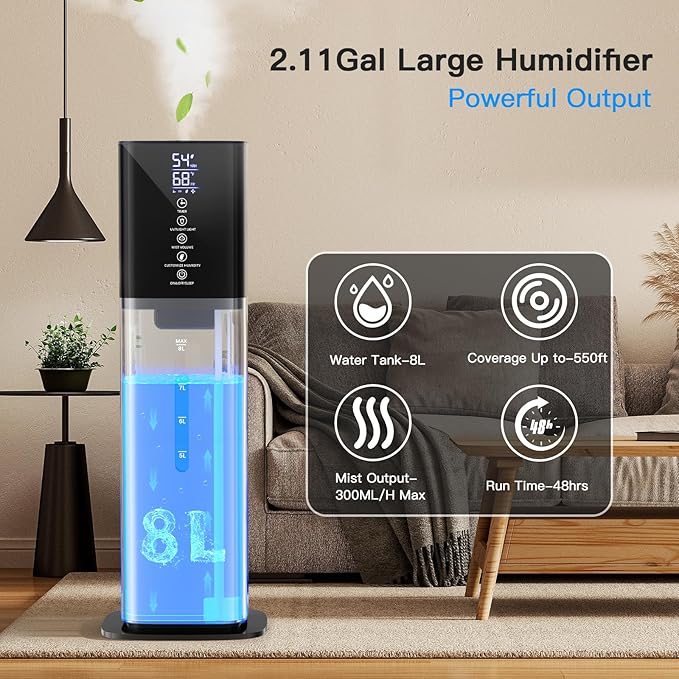 Humidifiers Large Room Bedroom with 7 Colors Light, 2.1Gal(8L) 3 Speed Quiet Ultrasonic Cool Mist Humidifier with 360° Nozzle, Humidity Setting, Timer,Aroma Box for Home Plant Baby Yoga Sleep (Gray)