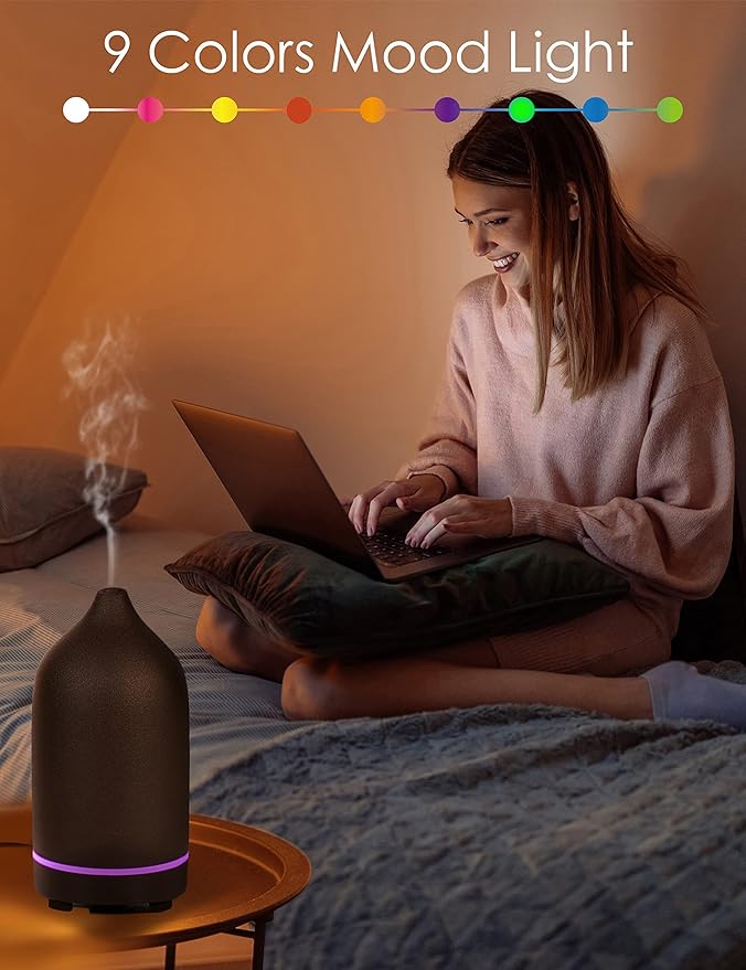 Essential Oil Diffuser,Handcrafted Ceramic Diffuser for Home,Ultrasonic Cool Mist Air Diffuser, 9 Colors Night Light with Timer (Black)