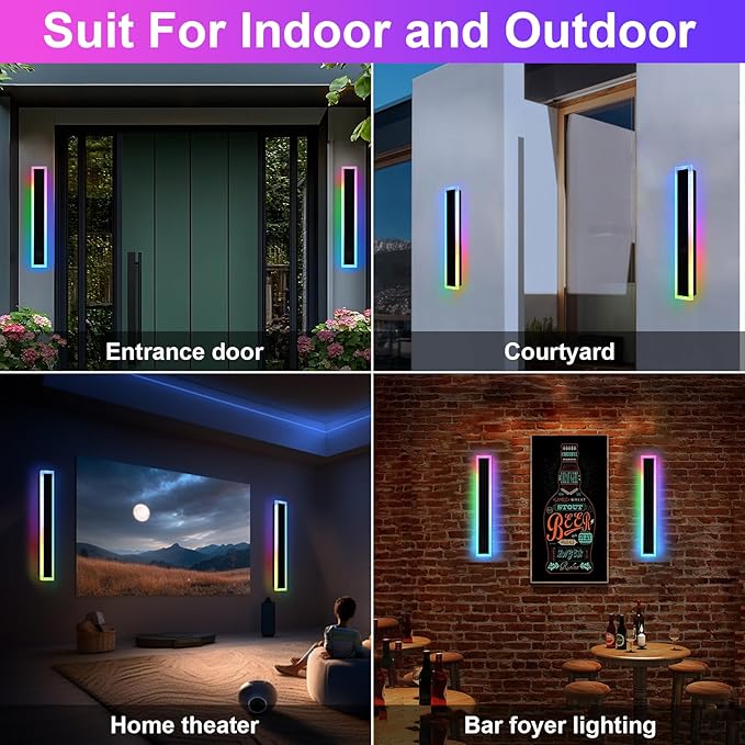 2 Pack Modern RGB Outdoor Wall Light,32 inch Led Wall Lights Fixture,Dimmable Wall Sconce Lights,Long Exterior lighting Fixtures with Control Remote,Outside RGB LED Long Lights for Porch,Patio,Garage
