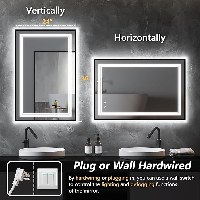 LED Bathroom Mirror with Front and Backlit 24"x36", Black Frame, Wall Mounted, Dual LED Strips, Fogless, Dimmable, 3 Color Changing, Shatterproof, Horizontal/Vertical