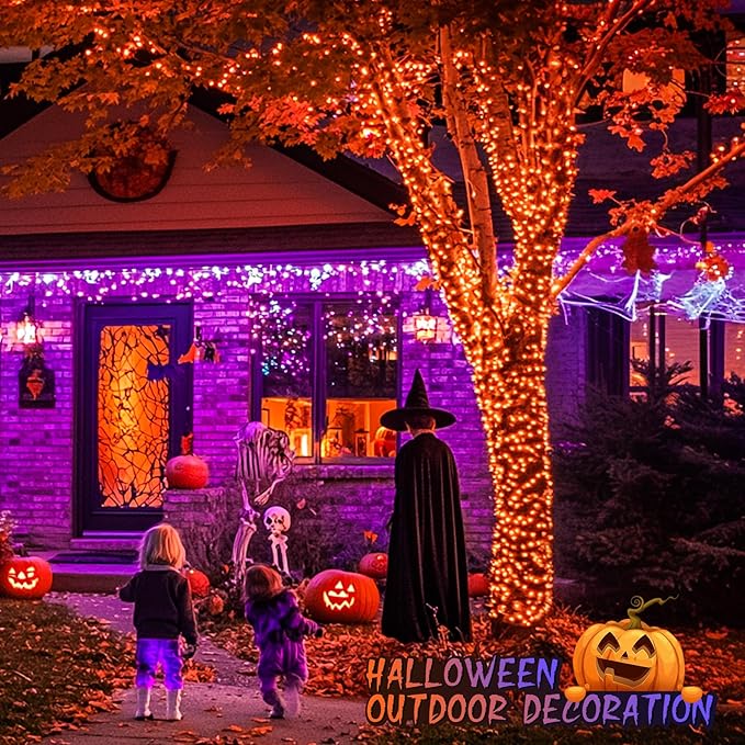 JMEXSUSS 168ft 600 LED Halloween Decor Lights Outdoor Clear Wire, Orange Purple String Lights Indoor Plug in,Halloween Lights for Tree Porch Yard Decorations