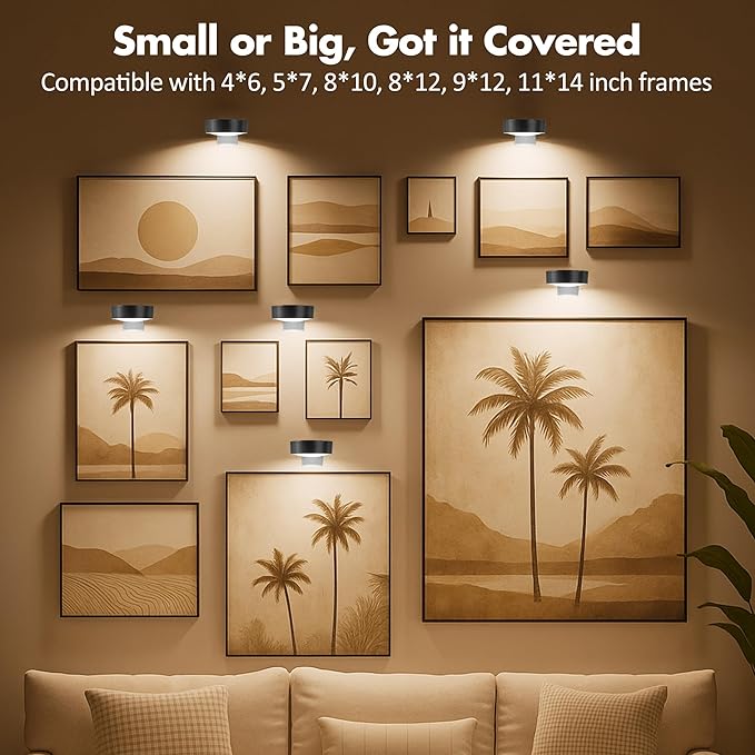 6Pcs Picture Lights for Wall Battery Operated, Magnetic Led Painting Light with Remote Dimmable and Timer, 3 Lighting Modes Art Display Light for Picture Frame, Wireless Wall Decor Puck Lights, Black