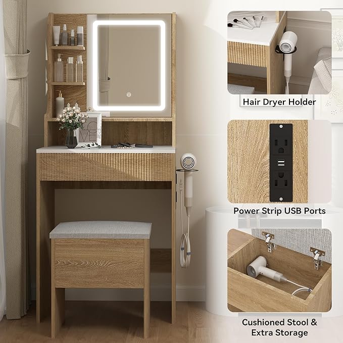 YOURLITE Fluted Makeup Vanity Desk with Mirror and Lights, 24" Small Vanity Table Set with LED Mirror & Stool, Dressing Table for Bedroom