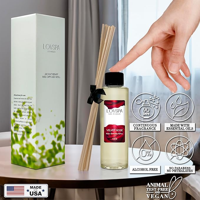 LOVSPA Velvet Rose Diffuser Oil - Luxury Essential Oils for Diffuser Refill & Air Freshener Room Spray - Long-Lasting & Natural Home Fragrance, Scented Oil for Diffusers, USA Made, 4oz