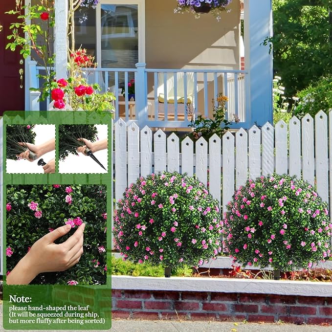 Yunlly Set of 2 Artificial Boxwood Topiary Ball Tree Fake Bushes Shrubs Outdoor Faux Plant with Ground Spike Flowers UV Resistance Greenery for Front Porch Garden Patio Indoor(Pink,27x18inch)