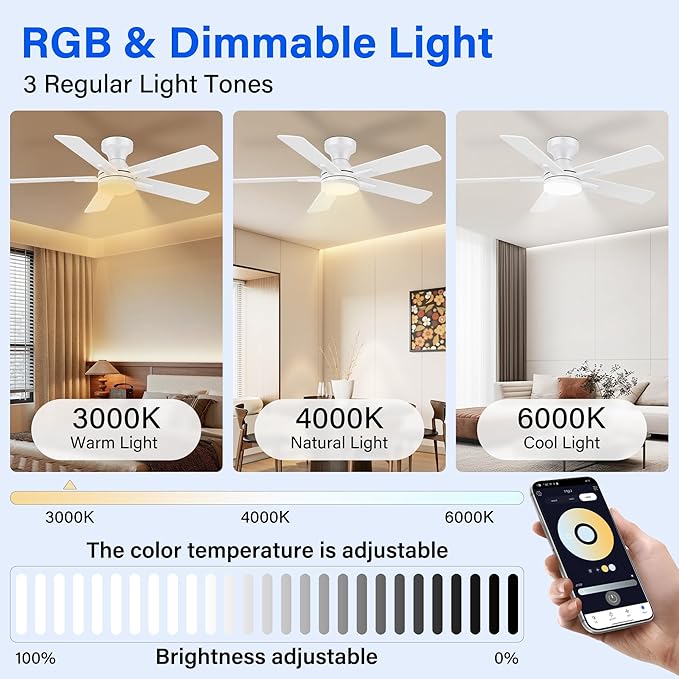 42 Inch Ceiling Fans with lights,RGB Low Profile Ceiling Fan with Light and Remote Control,APP,White Flush Mount Ceiling Fans for Modern Bedroom,Patio,Porch,Outdoor Indoor Use,Dimmable LED,6 Speed