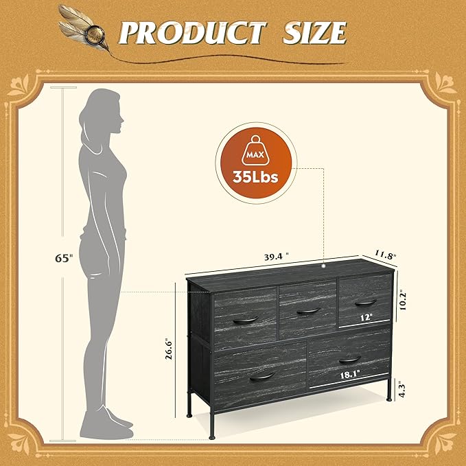 WLIVE Dresser for Bedroom with 5 Drawers, Long Storage Dresser, Fabric Dressers, Storage Drawer Unit with Fabric Bins for Closet, Hallway, Charcoal Black Wood Grain Print, Size L