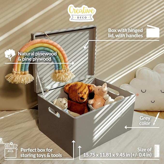Large Gray Wooden Box Storage with Hinged Lid | 15.8 x 11.8 x 9.44 inches (+-0.5) | Gift Box Storage Document | Wood Keepsake Chest Product NOT Intended for 15 Years OR Below