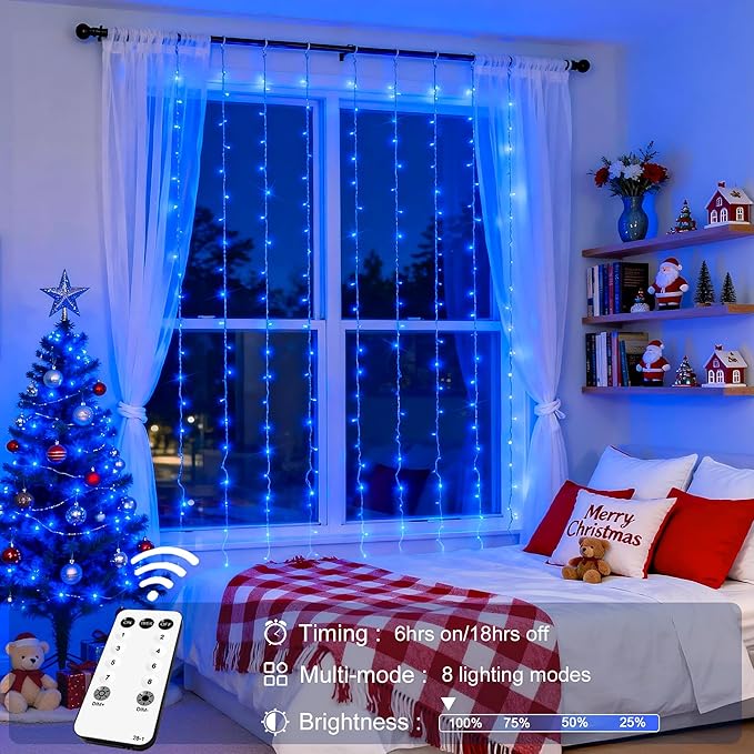 JMEXSUSS 300LED Curtain Lights, Blue Christmas Lights with Remote, Blue String Lights for Bedroom Wall Window Backdrop Garden Indoor Outdoor Pool Patio Yard Porch Decorations, 9.8x9.8ft