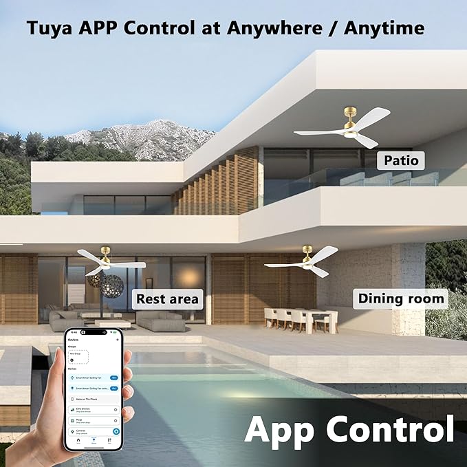 52 Inch Wood Smart Ceiling Fans with Lights Remote,Voice Control via WIFI Alexa App,Quiet DC Motor,Outdoor Indoor Ceiling Fan,Dimmable,Modern Gold White Lighting & Ceiling Fan for Bedroom Patio Porch