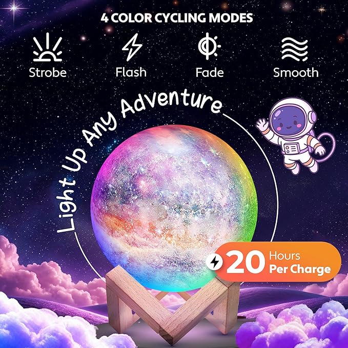 Mind-Glowing Galaxy Moon Lamp with Multi Colors, Touch/Remote, Wood Stand - Birthday Gift for Any Year Old Girls & Boys - Teen Girl Room Decor, Trendy Stuff - Cool Night Light for Kids (4.7 inch)