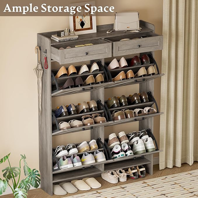 Shoe Cabinet for Entryway, Farmhouse Shoe Storage Cabinet with 6 Flip Drawers and 2 Top Drawers, Tall Narrow Shoe Organizer Cabinet with Adjustable Shelves, Side Hooks and Anti-Tip Kit