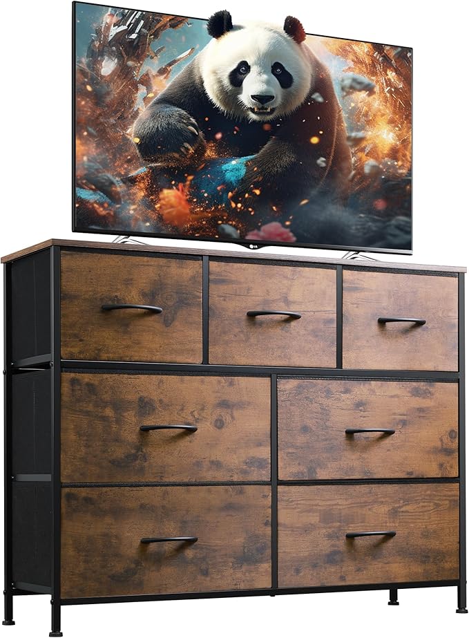 WLIVE 7 Drawer Dresser TV Stand, Entertainment Center, Media Console Table with Metal Frame and Wood Top for TV up to 45 inch, Chest of Drawers for Bedroom, Living Room, Rustic Brown Wood Grain Print