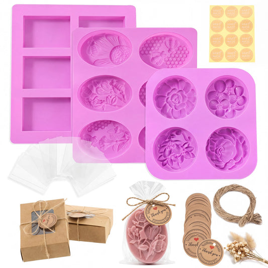 Honeydak Soap Making Kit with 3 Silicone Molds, 50 Clear Bags, 50 Tags, 20 Gift Boxes, 24 Stickers and 65ft Jute Twine, DIY Handmade Soap Mold and Packaging Set for Beginners Gifts Party Favors