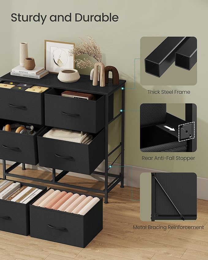 SONGMICS Dresser for Bedroom, Chest of Drawers, TV Stand, Steel, MDF, 6 Non-Woven Fabric Drawers, Storage Organizer Unit, Closet, Entryway, Ink Black and Ebony Black ULGS123B01S