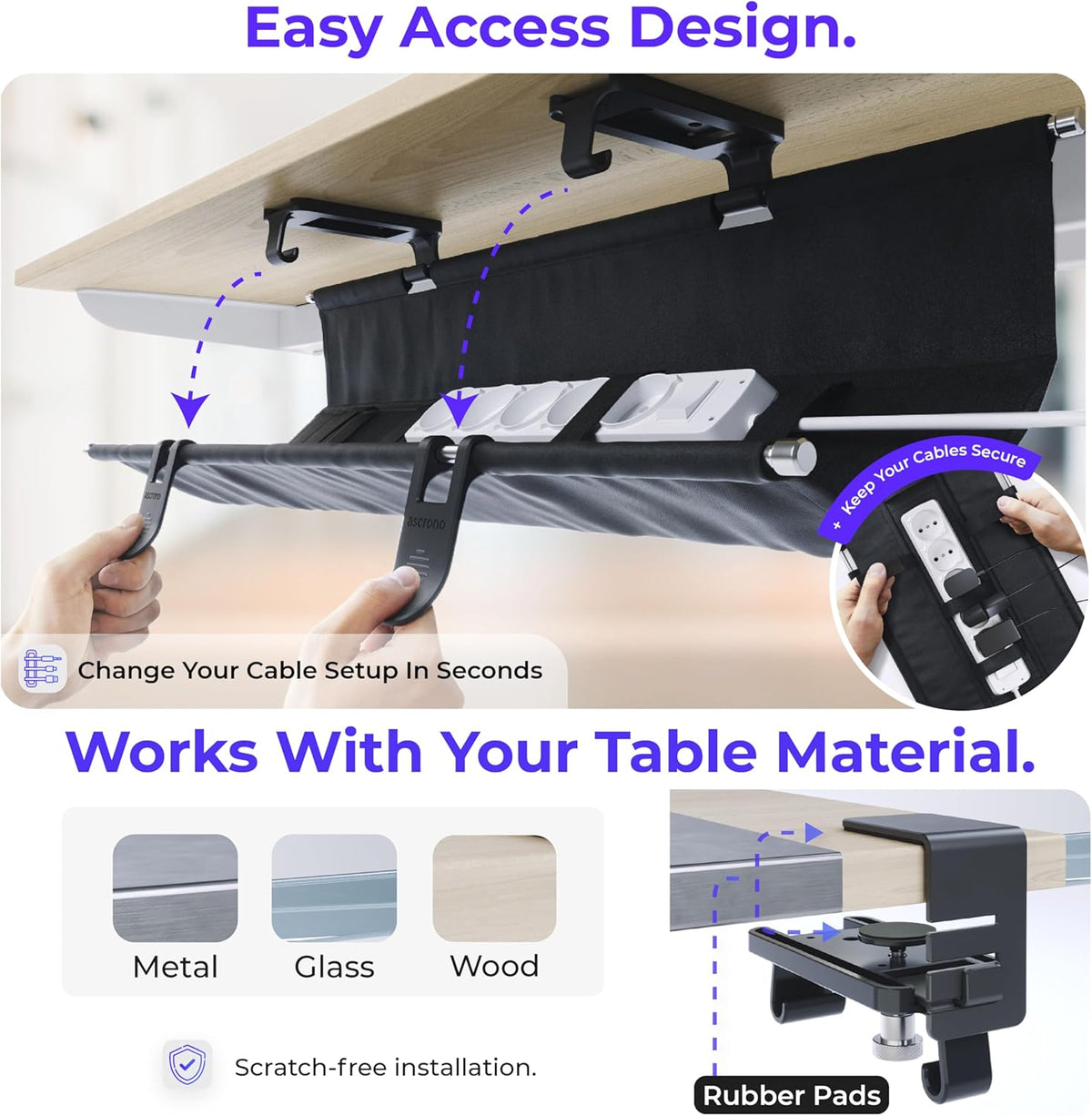 Original No Drill Under Desk Cable Management Tray 40.6" - Premium Black Fabric Cable Management Under Desk - Clamp/Screw Mount Cord Organizer - Supports Upto 66lbs - Large