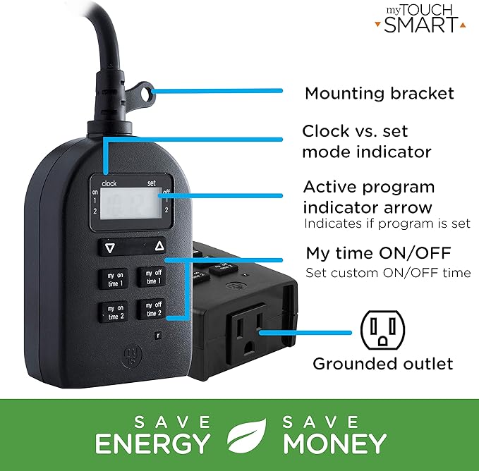 myTouchSmart Indoor/Outdoor Plug-in Digital Timer, One Grounded Outlet, Two Easy-to-Set Custom Daily On/Off Times, Weather Resistant, Ideal for Small Pumps and Seasonal Lighting, 36027 (Pack of 3)