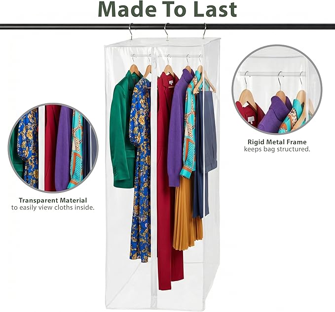 Garment Bag - Clear Hanging Closet Organizer - Durable Zippered Cover with Rod Protects Dresses, Suits, and Jackets from Dust and Moist- Top Metal Frame to Keep All Your Stuff in Shape- 42" x 20" x 15
