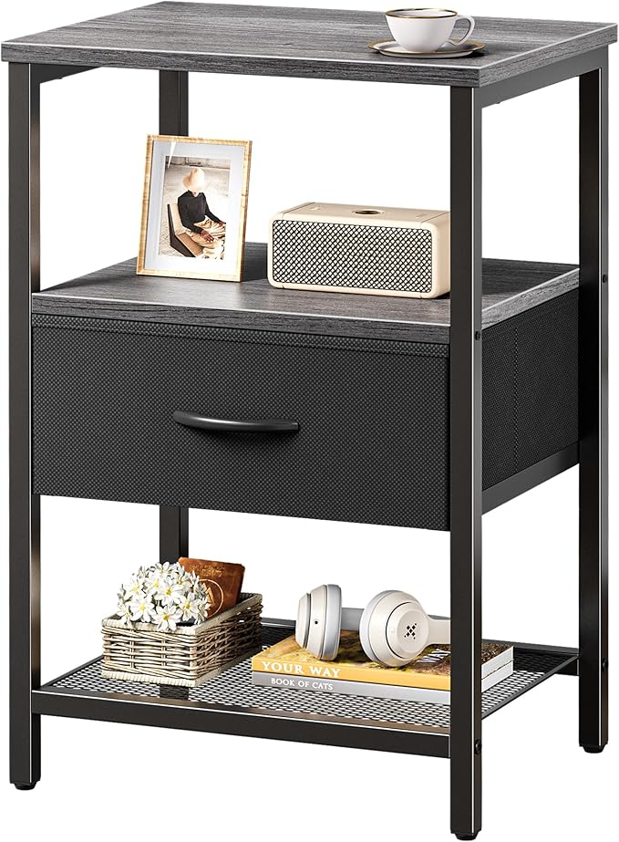 Huuger Night Stand with Fabric Drawer, Side Table with Mesh Shelf, Bedroom Nightstand, Fabric Drawer Dresser, Open Shelf, Metal Frame, Couch Side, Charcoal Gray