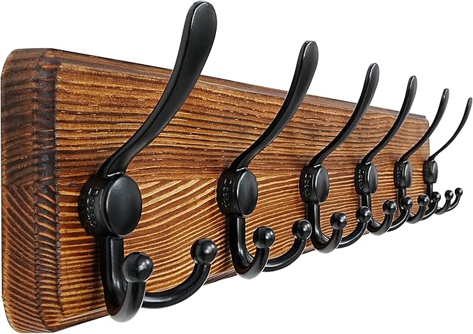 Dseap Coat Rack Wall Mounted - 24" Long 6 Tri Hooks, Heavy Duty Wooden Wall Coat Hanger Coat Hook for Clothes Hat Jacket Clothing, Natural and Black